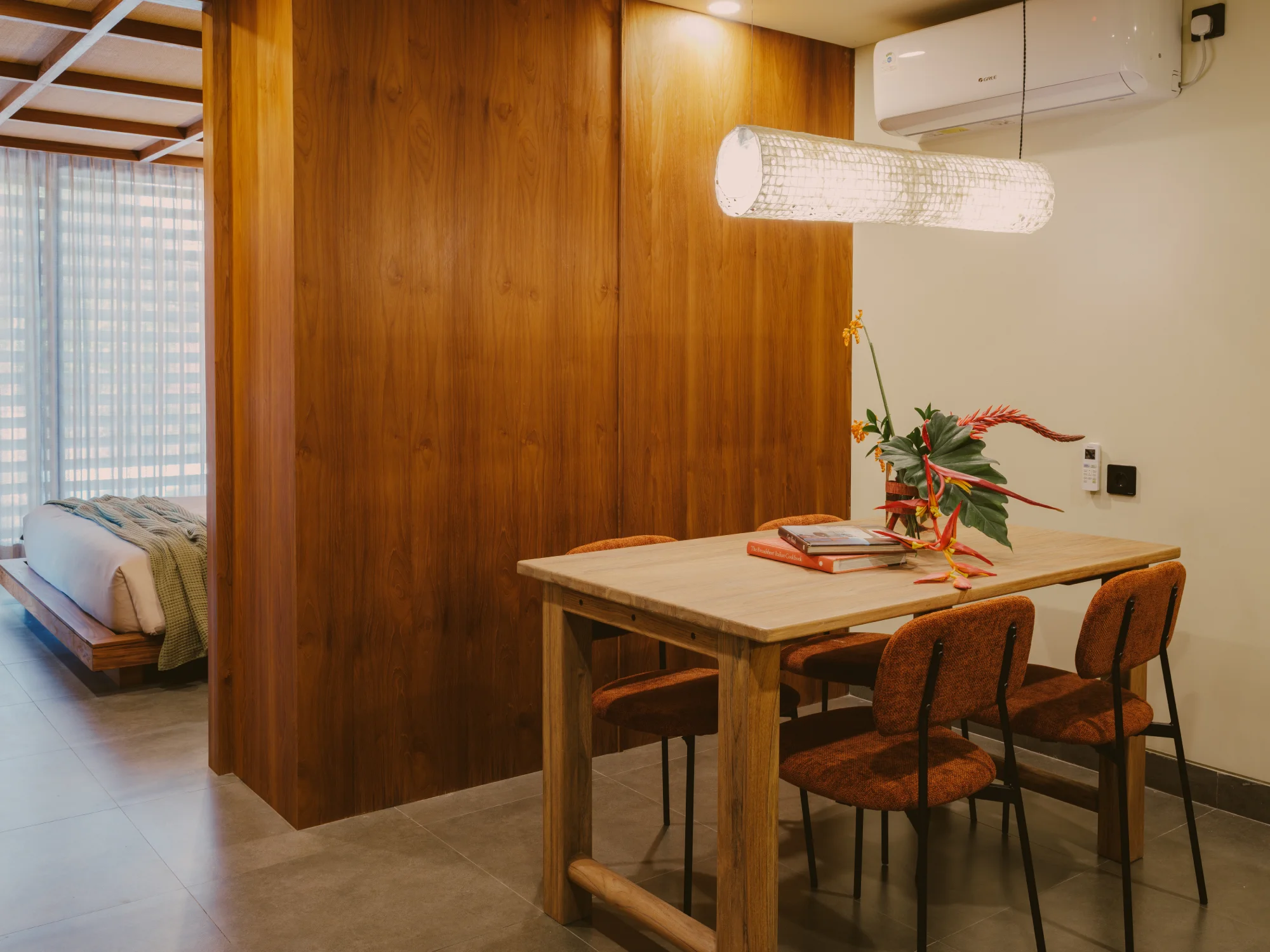Dedicated dining table and work surface for extended stays